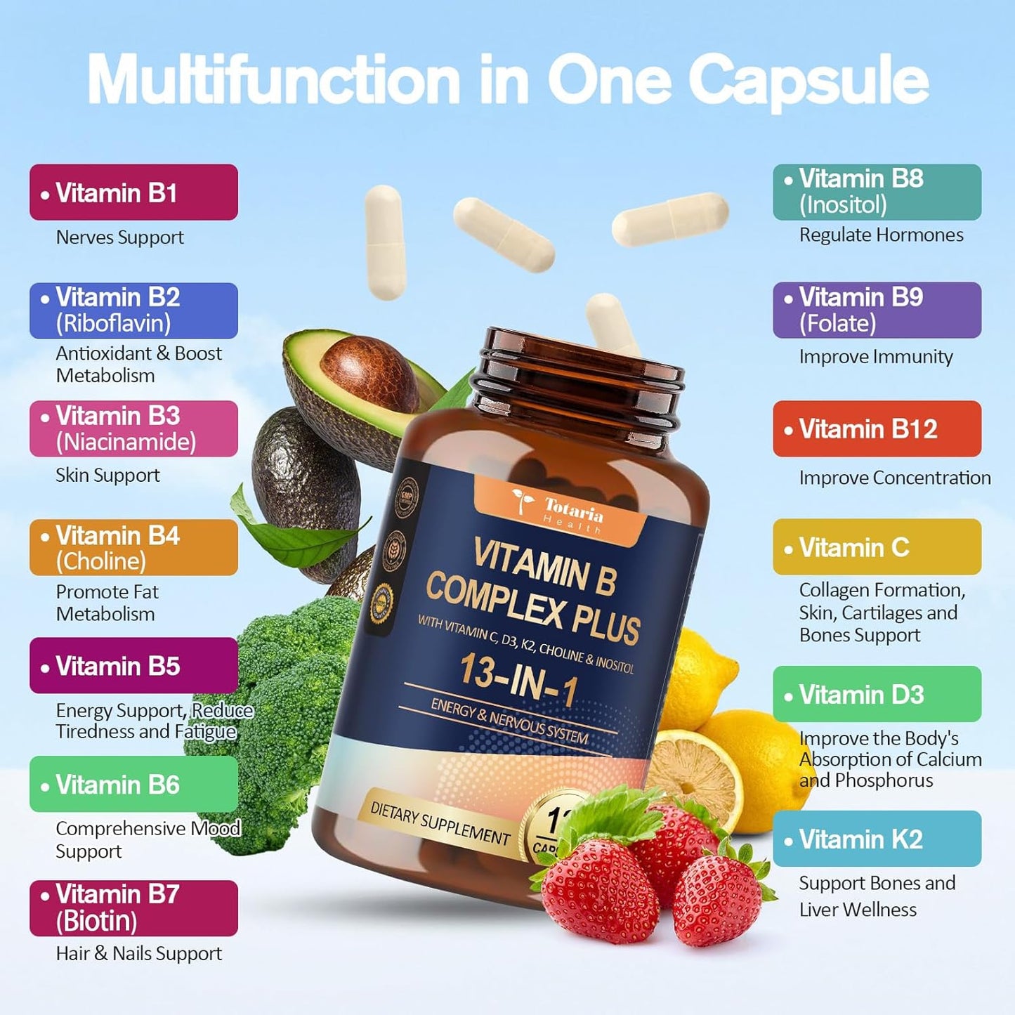 13-in-1 Vitamin B Complex Plus with Vitamin B1, B2, B3 (Niacinamide), B4, B5, B6, B7 (Biotin), B8 (Inositol), B9 (Folate), B12, C, D3, K2 - Energy, Nerve, Immune, Skin Support - 120 Vegan Capsules