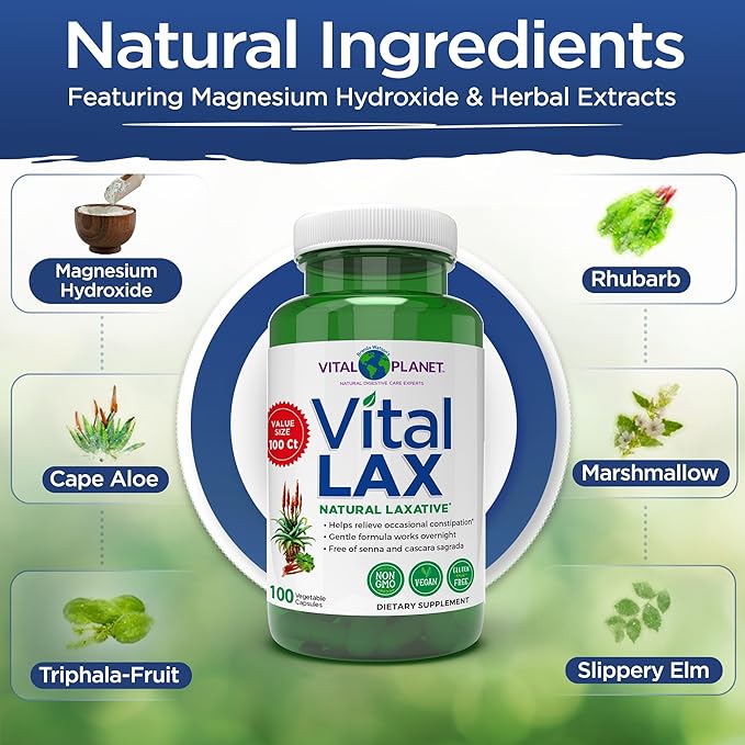 Vital Planet - Vital Lax Natural Laxative Cleanse Supplement for Occasional Constipation, with Magnesium Hydroxide, Slippery Elm, Aloe, and Triphala to Support Bowel Regularity 100 Capsules