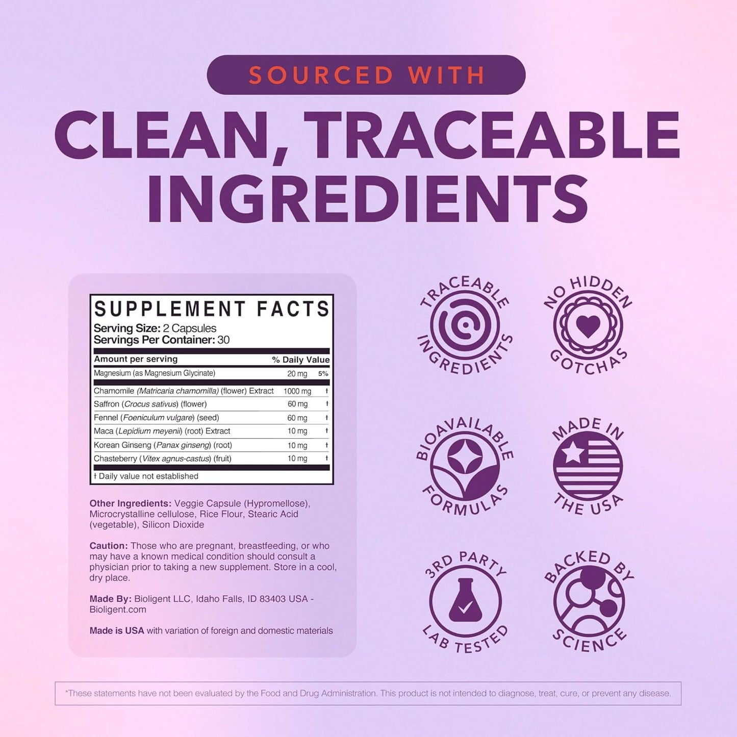 Menopause Support Supplement for Women, Hot Flash, Sleep, Mood & Focus Support, Hormone-Free with Maca, Ginseng, Chamomile & Saffron, Non-GMO, 60 Capsules, 30 Day Supply