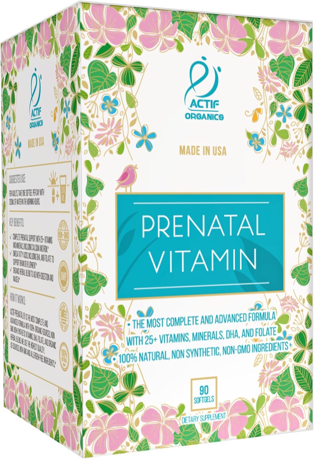 Actif Organic Prenatal Vitamin with 25+ Organic Vitamins, 100% Natural, DHA, EPA, Omega 3, and Organic Herbal Blend - Non-GMO, 90 Count
