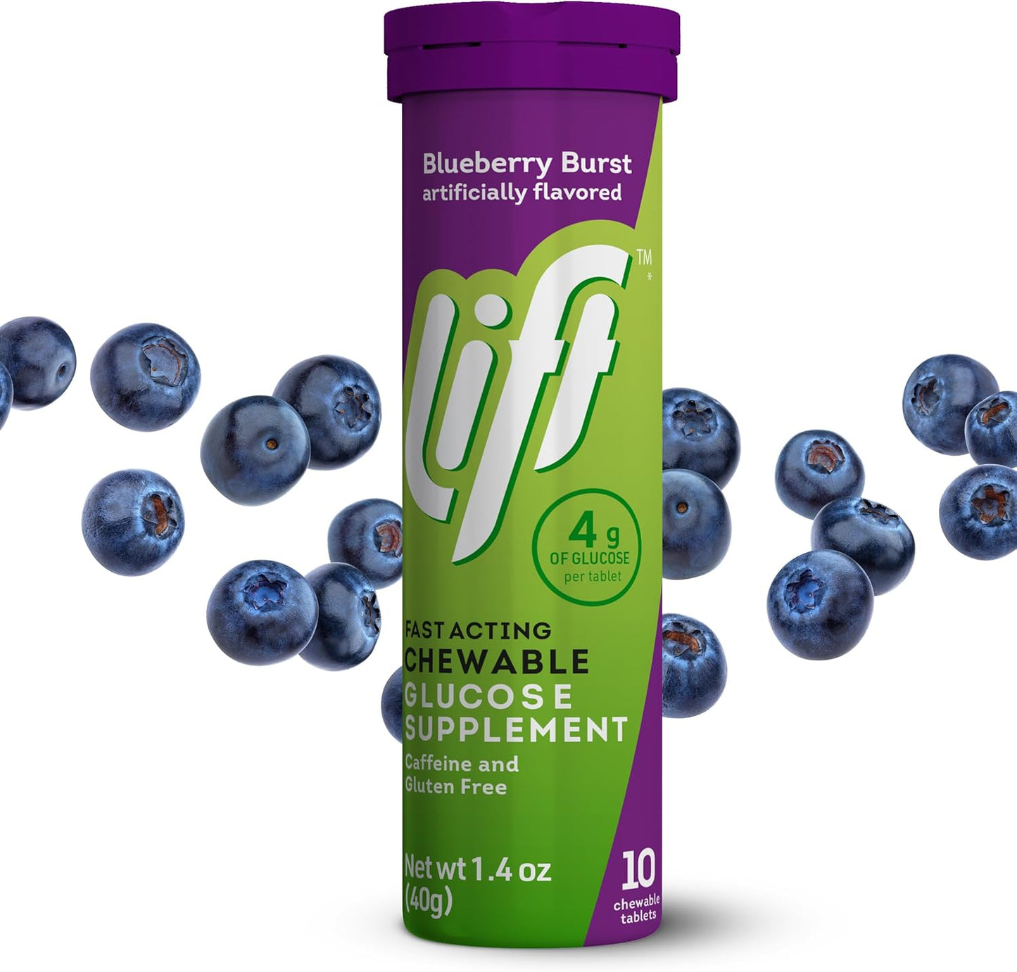 Lift Glucose Fast-Acting Glucose Chewable Energy Tablets, Blueberry, 10 ct Tube (Pack of 12)