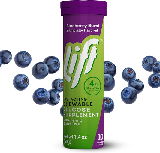 Lift Glucose Fast-Acting Glucose Chewable Energy Tablets, Blueberry, 10 ct Tube (Pack of 12)