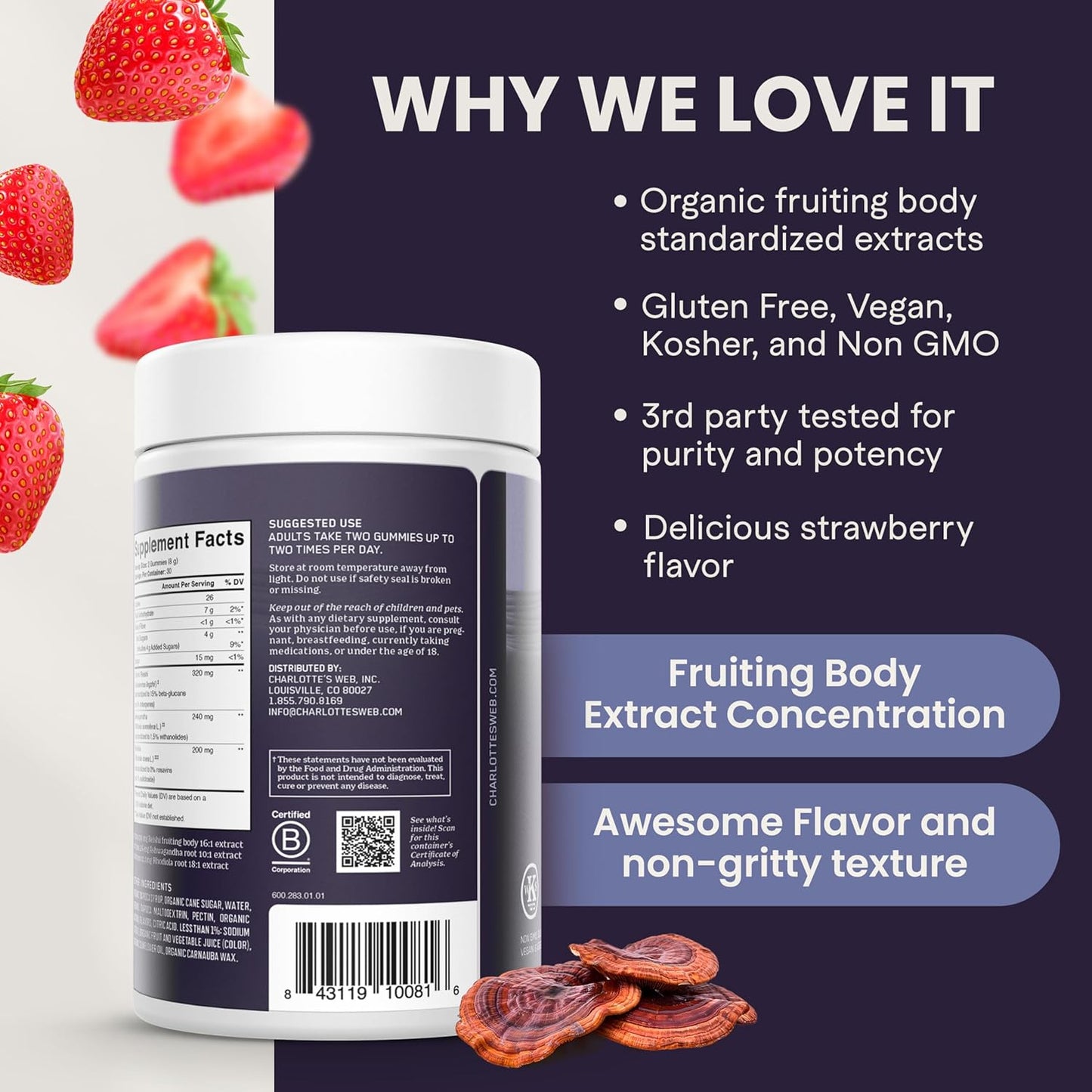 Charlotte's Web Stress Support Mushroom Gummies w/Reishi, Ashwagandha, Rhodiola Rosea Supplement — Natural Supplement — Strawberry-Flavored Ashwagandha Gummies (30 Servings)