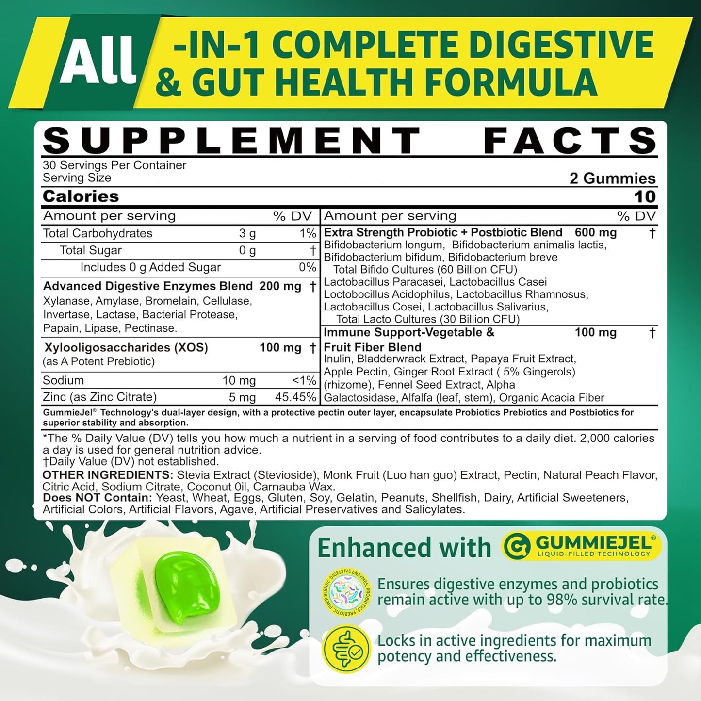 2Pack Digestive Enzymes Gummies for Women & Men, Multi-Enzymes with 90Billion CFU Probiotics and Prebiotics & Postbiotic, Vegetable & Fruit Fiber Blend, Super Enzymes for Digestive & Gut Health,Immune