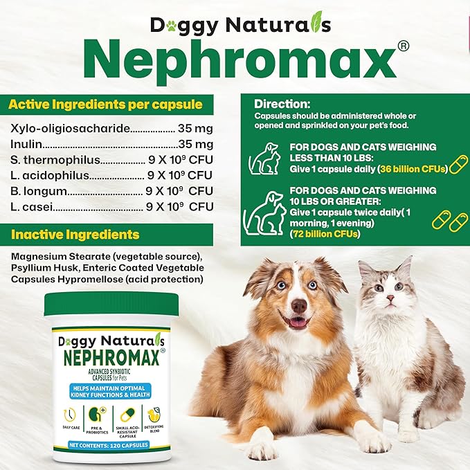 NEPHROMAX™ Synbiotic Capsules for Kidney Support for Dogs & Cats (120 Small Capsules) - Advanced Next-Generation Enteric detoxifying Blend of Pre & Probiotics Kidney Support U.S.A (120 Caps)