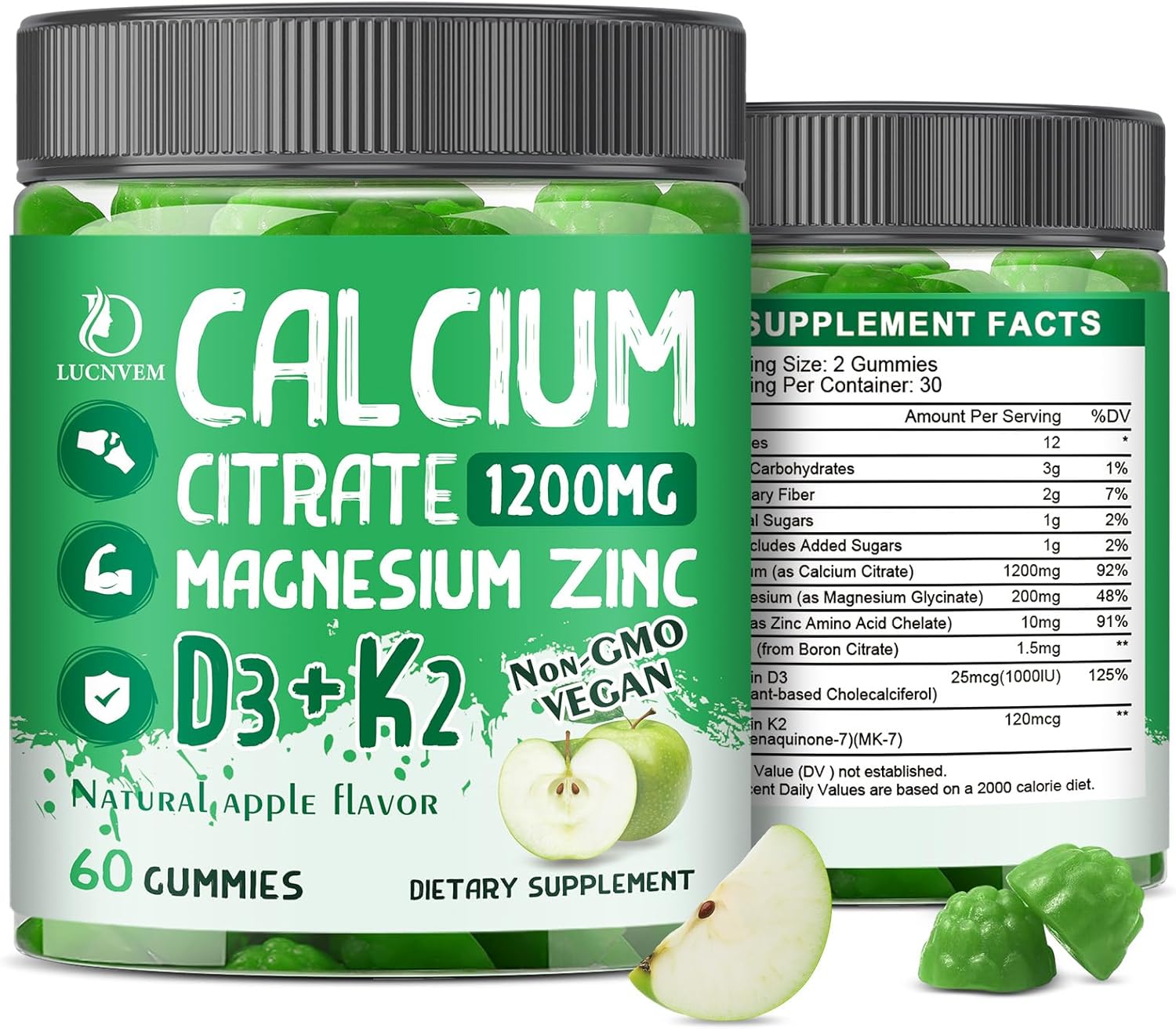 (2 Pack) Calcium Citrate 1200 mg with Vitamin D3 Gummies for Women & Men, Calcium Magnesium Zinc with Vitamin D3 K2 Supplement for Bone & Teeth Support, Natural Apple Flavor - 60 Day Vegan Supply