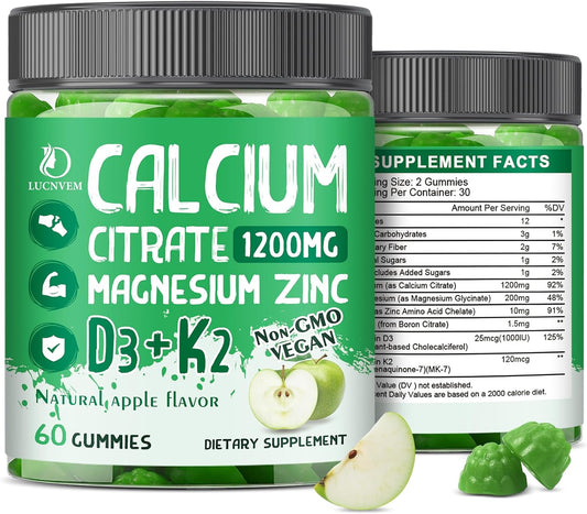(2 Pack) Calcium Citrate 1200 mg with Vitamin D3 Gummies for Women & Men, Calcium Magnesium Zinc with Vitamin D3 K2 Supplement for Bone & Teeth Support, Natural Apple Flavor - 60 Day Vegan Supply