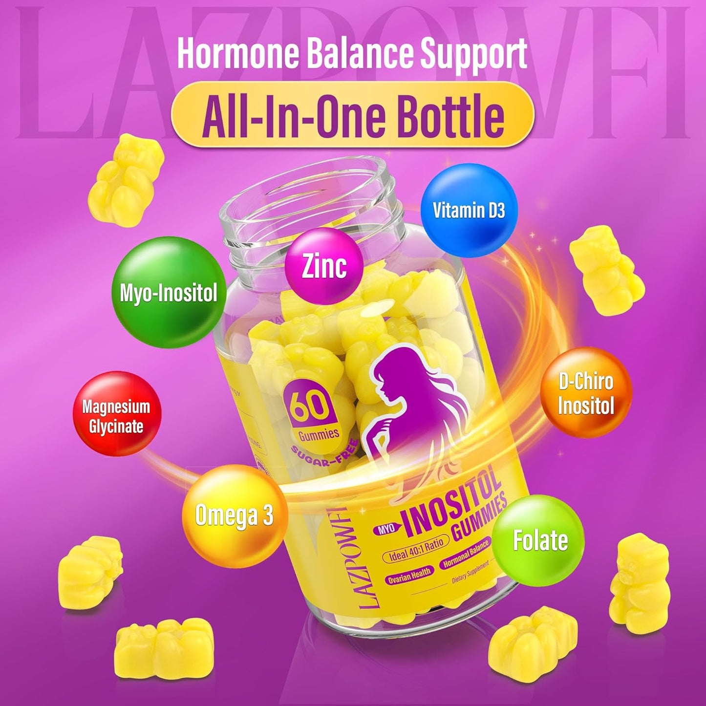 Myo-Inositol & D-Chiro Inositol,Inositol Gummies with Vitamin D3, Magnesium Glycinate, Omega-3, Folate & Zinc, Inositol Supplement Menstrual Cycle for Women-40:1 Ratio-30 Day Supply