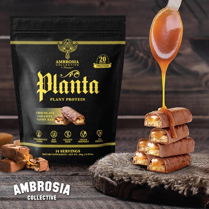 Ambrosia Planta - Premium Plant-Based Protein | Vegan & Keto Friendly | Gourmet Flavors with No Bloating or Stomach Upset | Gluten & Soy Free | No Added Sugar | 14 Servings | (Candy Bar)