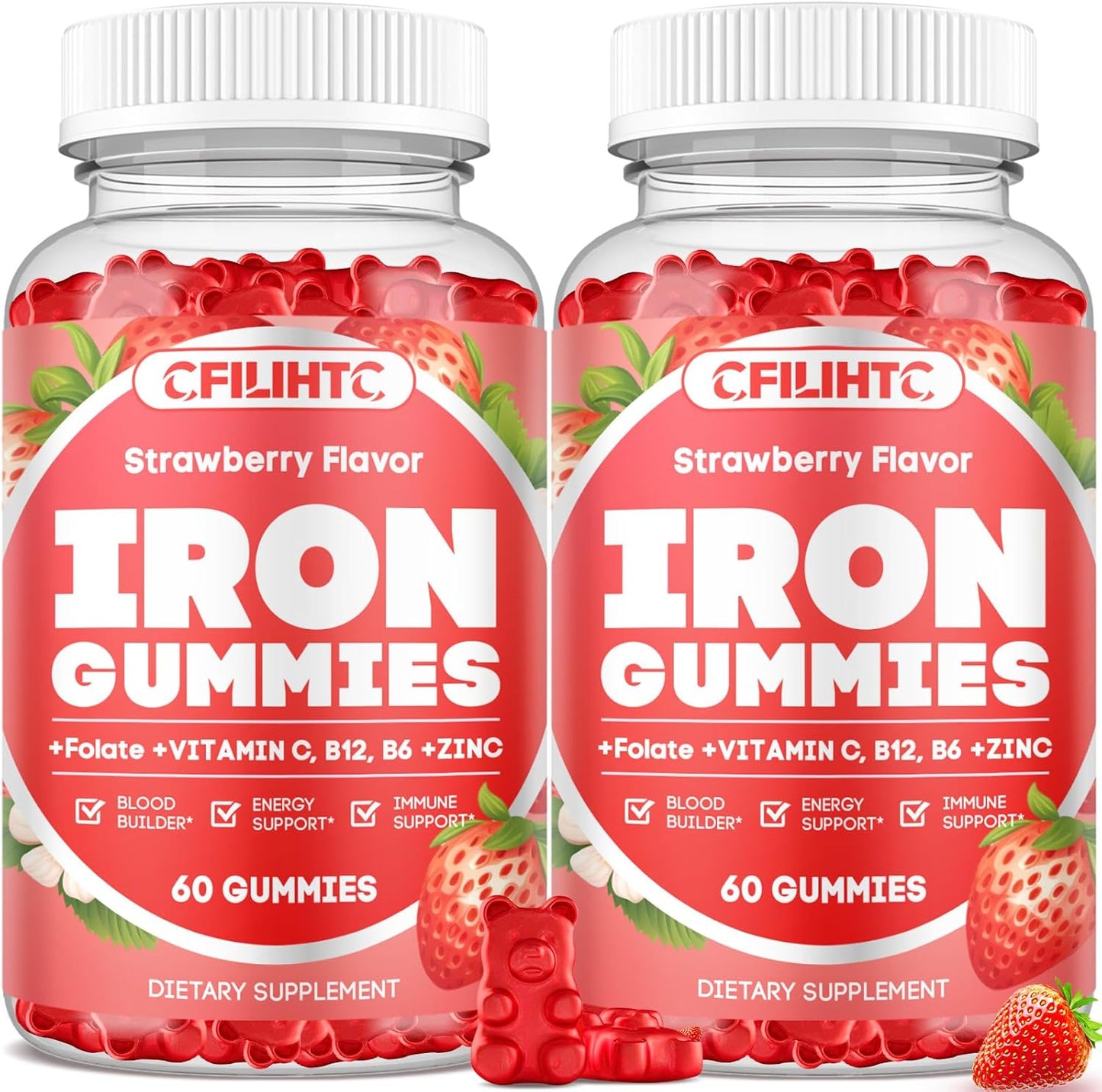 2 Pack Iron Gummies for Women & Men - Iron Supplement with Vitamin B6, B12, C, Zinc, Folate for Adults & Kids - Support Iron Deficiency, Anemia, Energy Boost, Blood Builder - Sugar Free Strawberry