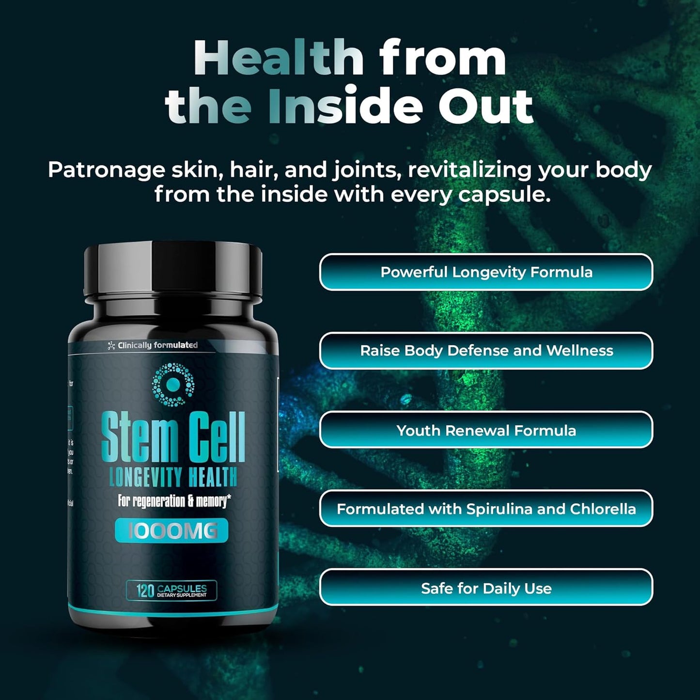 Premium Stem Cell Supplements 1,000mg (120 Caps) Boost Immunity, Reduce Joint Soreness, Support Natural Anti-Aging & Longevity with Spirulina & Chlorella for Vitality, Celulas Madre Health Formula