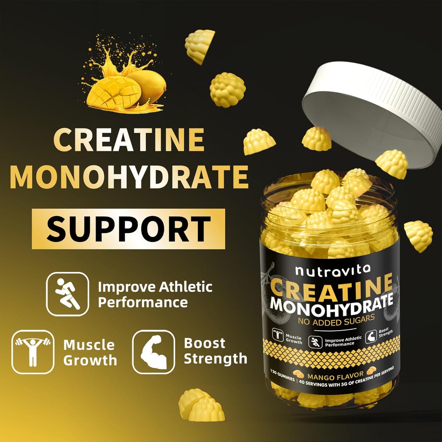 Creatine Monohydrate Gummies for Men & Women-5g of Creatine Monohydrate per Serving - Sugar Free,Vegan, Mango Flavor, 120 Count