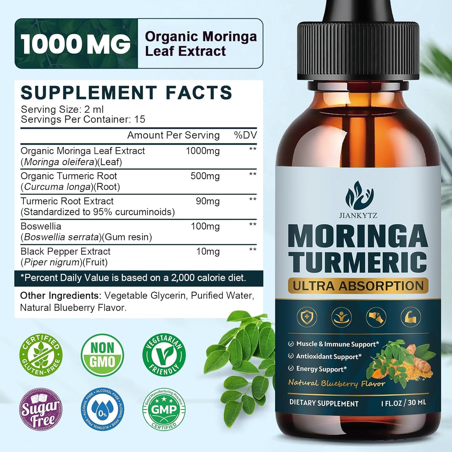 (2 Pack) Organic Moringa Leaf Extract Liquid Drops for Energy, Antioxidant, Skin, Immune Support, High Absorption, Moringa Supplement with Turmeric, Boswellia, Black Pepper- Vegan, Non-GMO, 1 Fl Oz