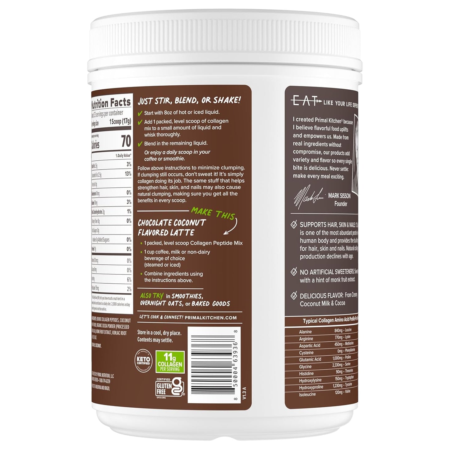 Primal Kitchen Chocolate Collagen Fuel® Drink Mix, Chocolate Coconut Collagen Peptides, No Dairy or Artificial Sweeteners, 20 Ounces