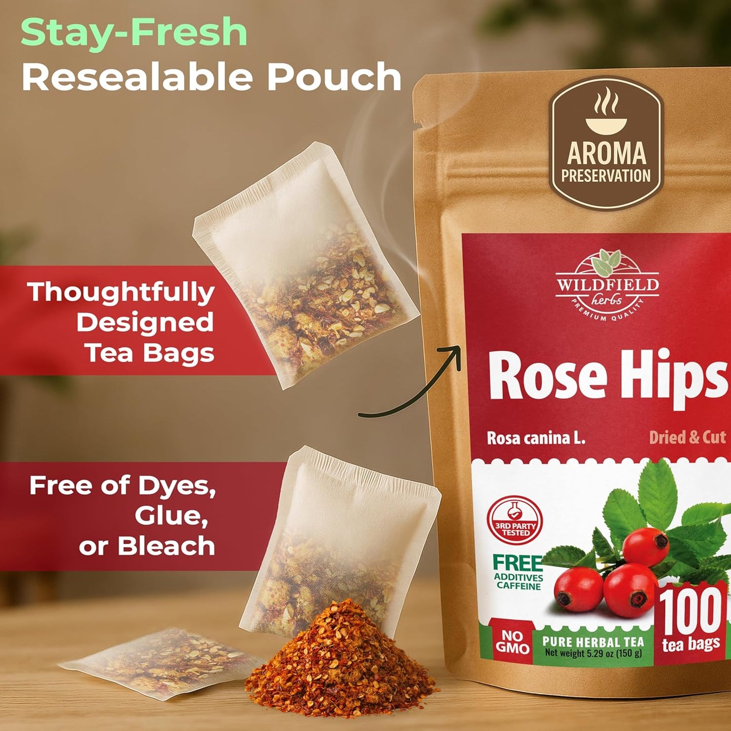 100 Bags Rosehips Tea Dried Rose Hips Crushed (Roza Cinamomea) - 100 Count 1.5 g Tea Bags Rosehip Berries
