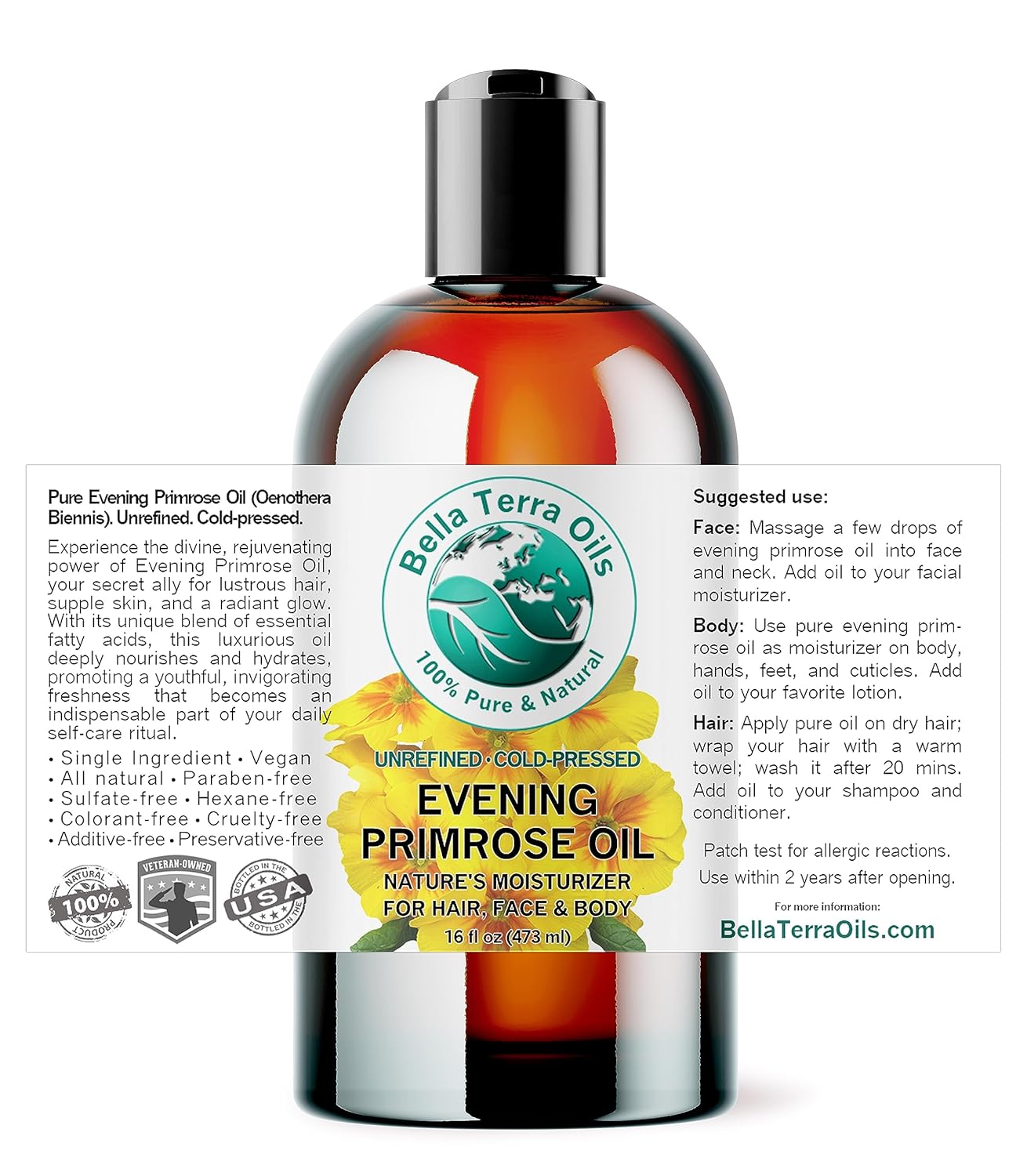 Bella Terra Oils - Organic Evening Primrose Oil 16 oz - Embrace the Enchanting Primrose Nutritional Profile, High in GLA & Fatty Acids, Elevate Your Beauty Routine