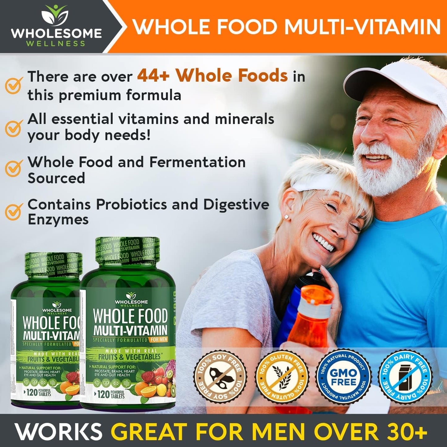 Wholesome Wellness Whole Food Multivitamin for Men - Natural Multi Vitamins, Minerals, Organic Extracts - Vegan Vegetarian - 120 Tablets