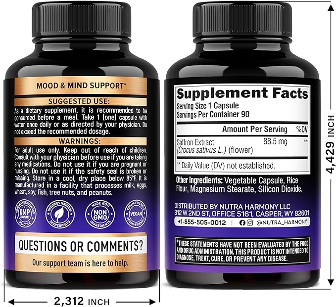 Natural Saffron Supplements - Pure Saffron Extract 88.5 mg - Made in USA - Mood | Focus | Vision | Energy Support - Eye Health for Women & Men - NonGMO Vegan Pills - 90 Powder Capsules, 3 Month Supply