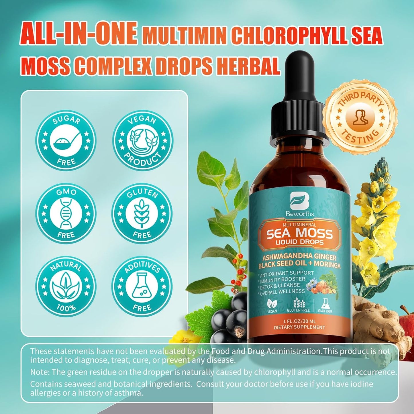 2PACK Sea Moss Drops - Irish Sea Moss Chlorophyll Liquid with Black Seed Oil, Ashwagandha, Moringa, Turmeric, Elderberry, Mullein, Seamoss Gel Supplement for Lung Cleaner, Detox & Gut, Immune Support