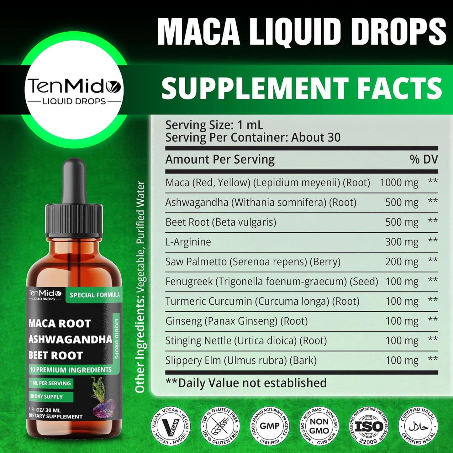 10in1 Maca Liquid Drops with Ashwagandha, Fenugreek, Beet Root, L-Arginine,Turmeric,Ginseng & More - 30 Days Supply - 1FL Oz