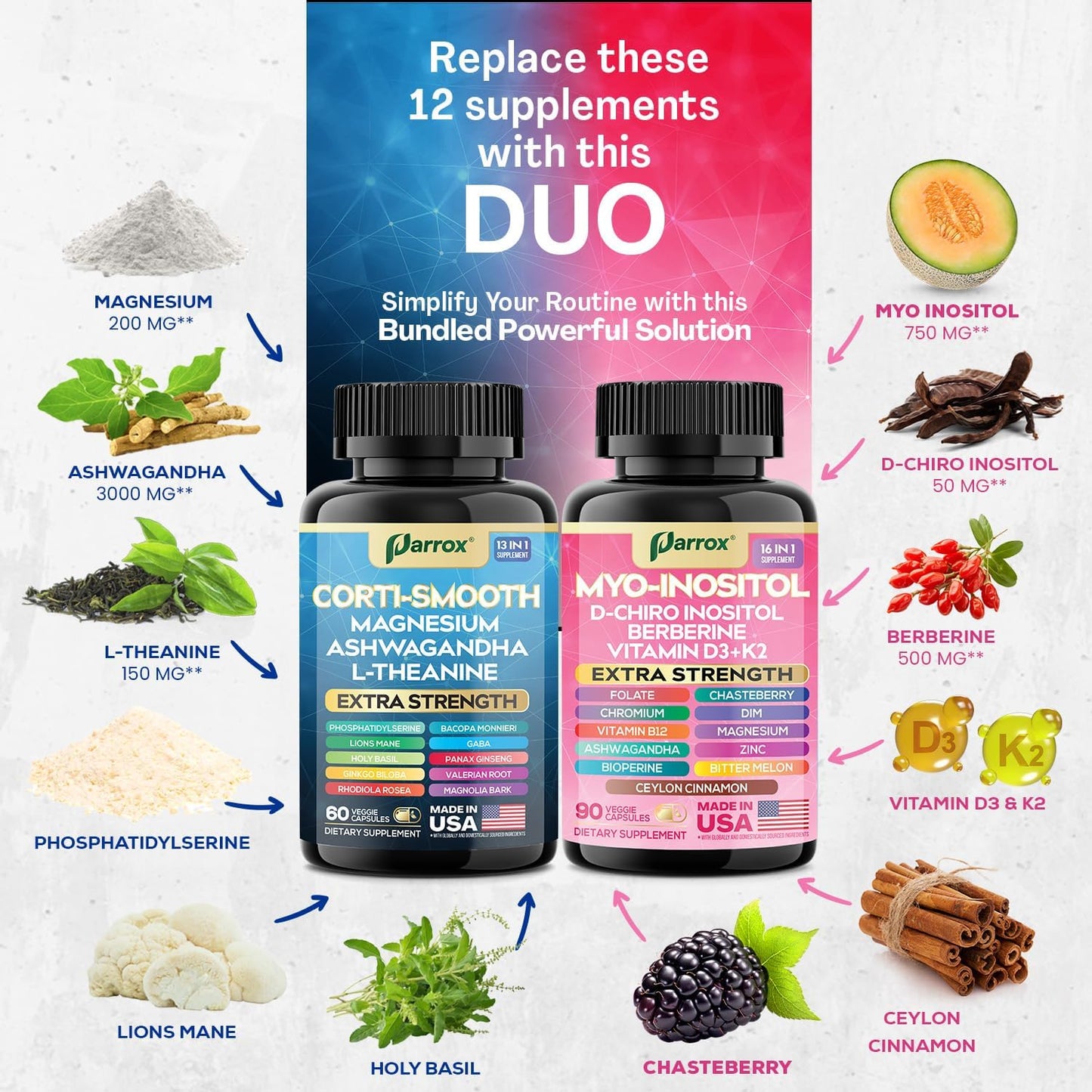 Cortisol & Myo-Inositol Supplement Bundle, Soothe & Smooth Bundle, Cortisol Balance, GABA, Magnesium, Ashwagandha, L-Theanine, D-Chiro Inositol, Folate, Berberine, Chasteberry, Zinc (2 Pack)