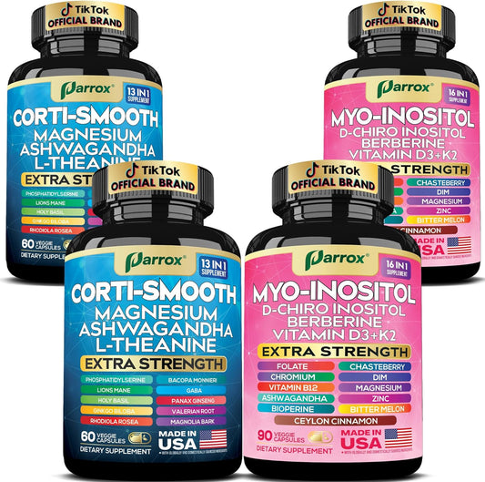 Cortisol & Myo-Inositol Supplement Bundle, Soothe & Smooth Bundle, Cortisol Balance, GABA, Magnesium, Ashwagandha, L-Theanine, D-Chiro Inositol, Folate, Berberine, Chasteberry, Zinc (2 Pack)