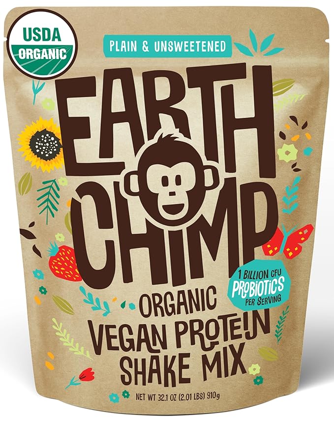 EarthChimp Organic Vegan Protein Powder - with Probiotics - Non GMO, Dairy Free, Non Whey, Plant Based Protein Powder for Women and Men, Gluten Free - 26 Servings 32 Oz (Plain & Unsweetened)