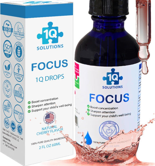 1Q Focus – Liquid Cognitive & Brain Support Drops for Kids | Acetyl L-Carnitine + B1, B6, B12 & Folate | Sugar-Free, Vegan, Non-GMO, Gluten-Free | Advanced Absorption | 2 fl oz 30 Servings