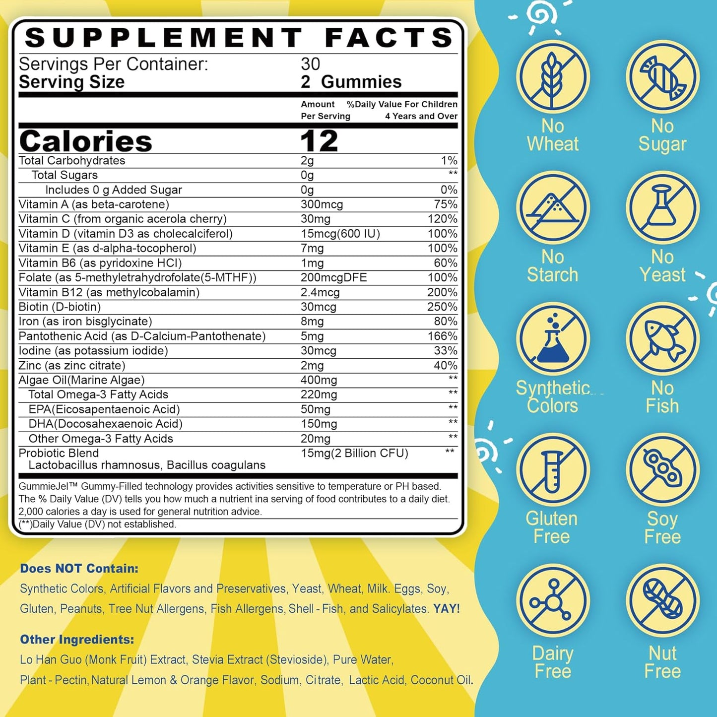 (2 Pack) Kids Multivitamin Gummies with Iron, Sugar Free, Kids Daily Vitamins + Probiotics, Algae Omega 3 (EPA/DHA), A, C, D, Methyl B12, Folate, B6, Zinc, Biotin, for Healthy Growth, Immune Support