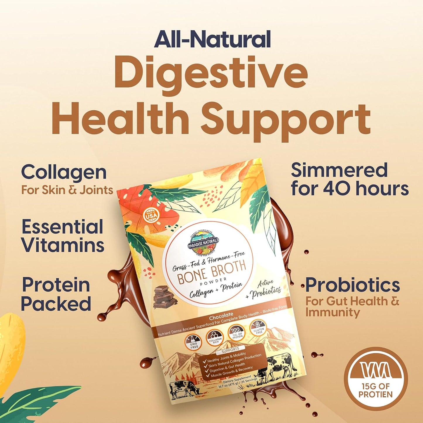 100% Grass-Fed Chocolate Bone Broth Protein Powder with Probiotics – Zero Artificial Flavors, 15g Protein, Collagen-Rich, Gut & Joint Support, Healthy Hot Chocolate, Keto, Paleo, Gluten Free