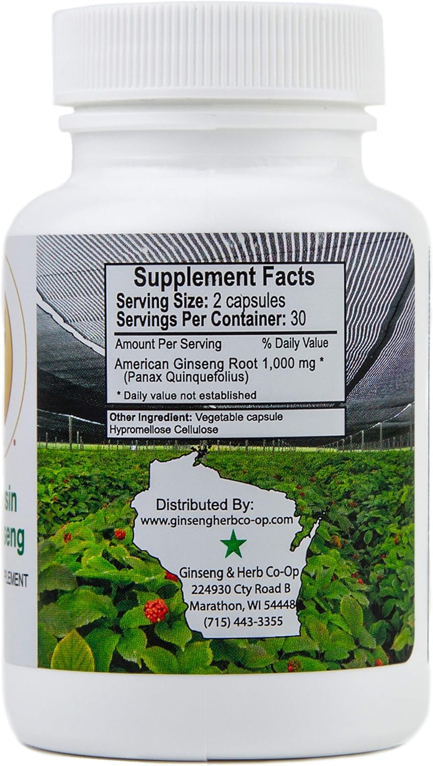 100% Pure Wisconsin American Ginseng Capsules - 500mg. Authentic Panax Quinquefolius. Potent Ground Ginseng Root - No Fillers, Binders or Other Additives.