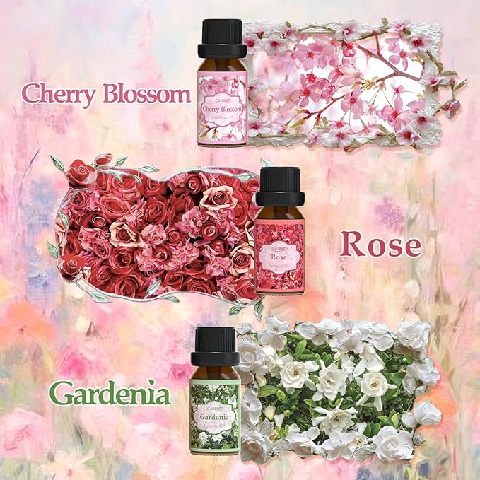 SALUBRITO Floral Fragrance Oils Set, Essential Oils for Diffuser & Candle Making Scents, 6x10ml Aromatherapy Oils Gift Set - Jasmine, Lavender, Rose, Gardenia, Cherry Blossom, Honeysuckle Oil