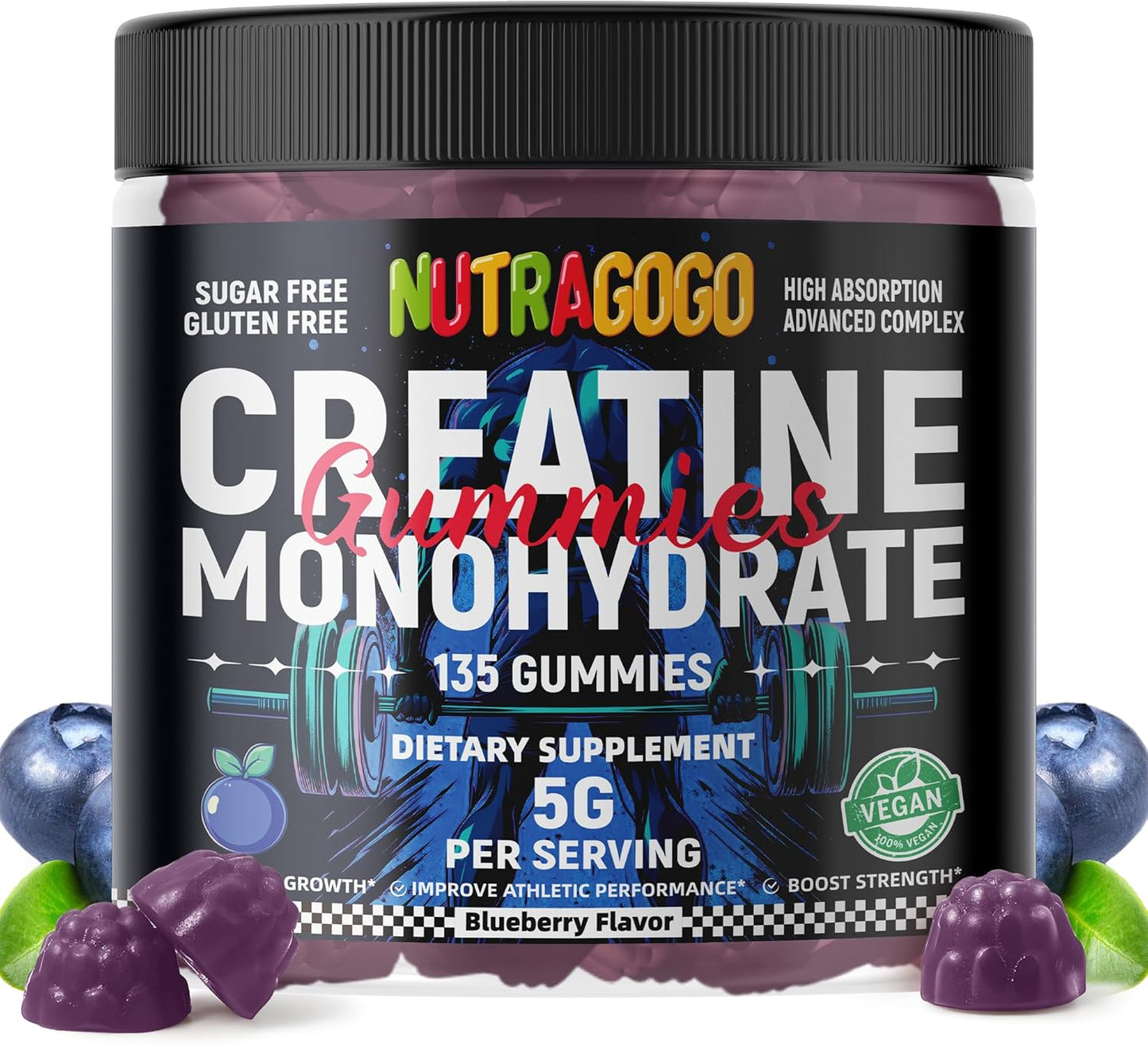 Creatine Monohydrate Gummies for Men & Women-5g of Creatine Monohydrate per Serving - Sugar Free,Vegan, Blueberry Electrolyte Chews, 135 Count