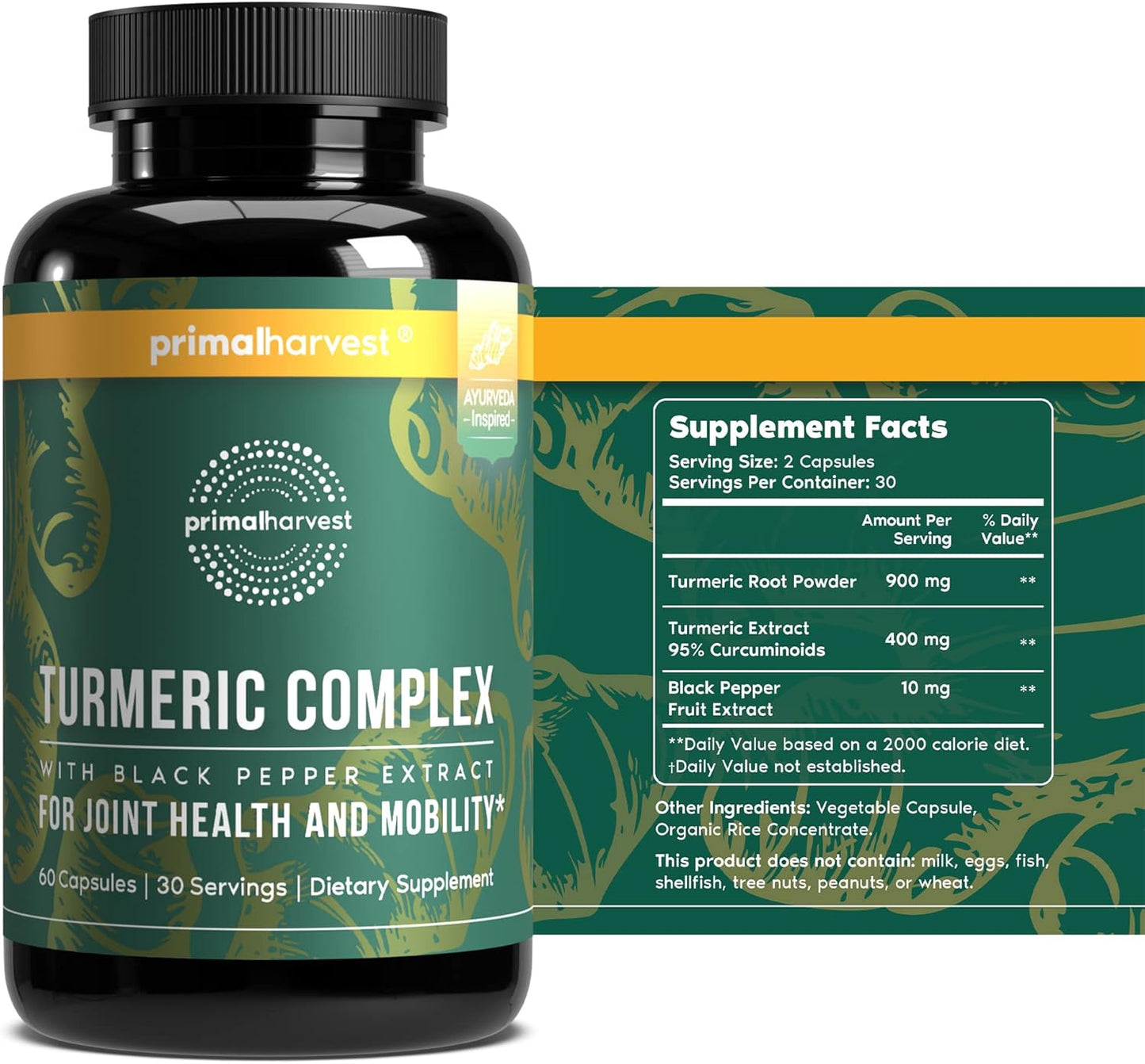 Primal Harvest 1 Pack, Primal Turmeric Complex w/Black Pepper Extract, Joint and Mobility Support Supplement for Women & Men, 60 Capsules