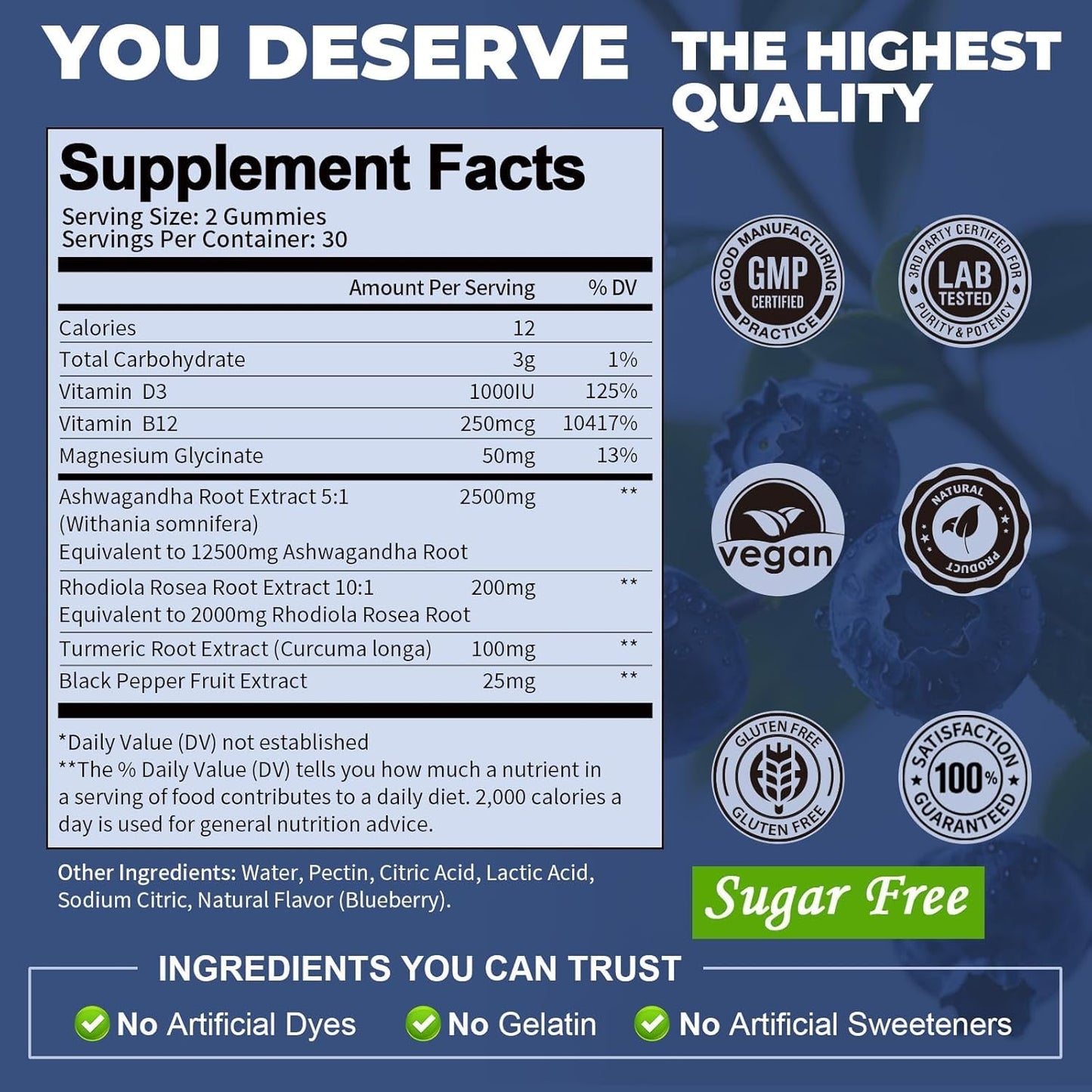 (2 Packs) Sugar Free Ashwagandha Filled Gummies w/Vitamin D3, Magnesium Glycinate, Rhodiola, Ultra Strength Ashwa Root Supplements for Women & Wen, for Relaxation, Energy, Cortisol Gummies