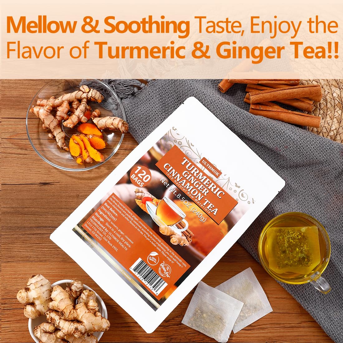 120 Premium Turmeric, Ginger, Cinnamon Blend Tea Bags, 100% Natural & No Additives & Caffeine Free.