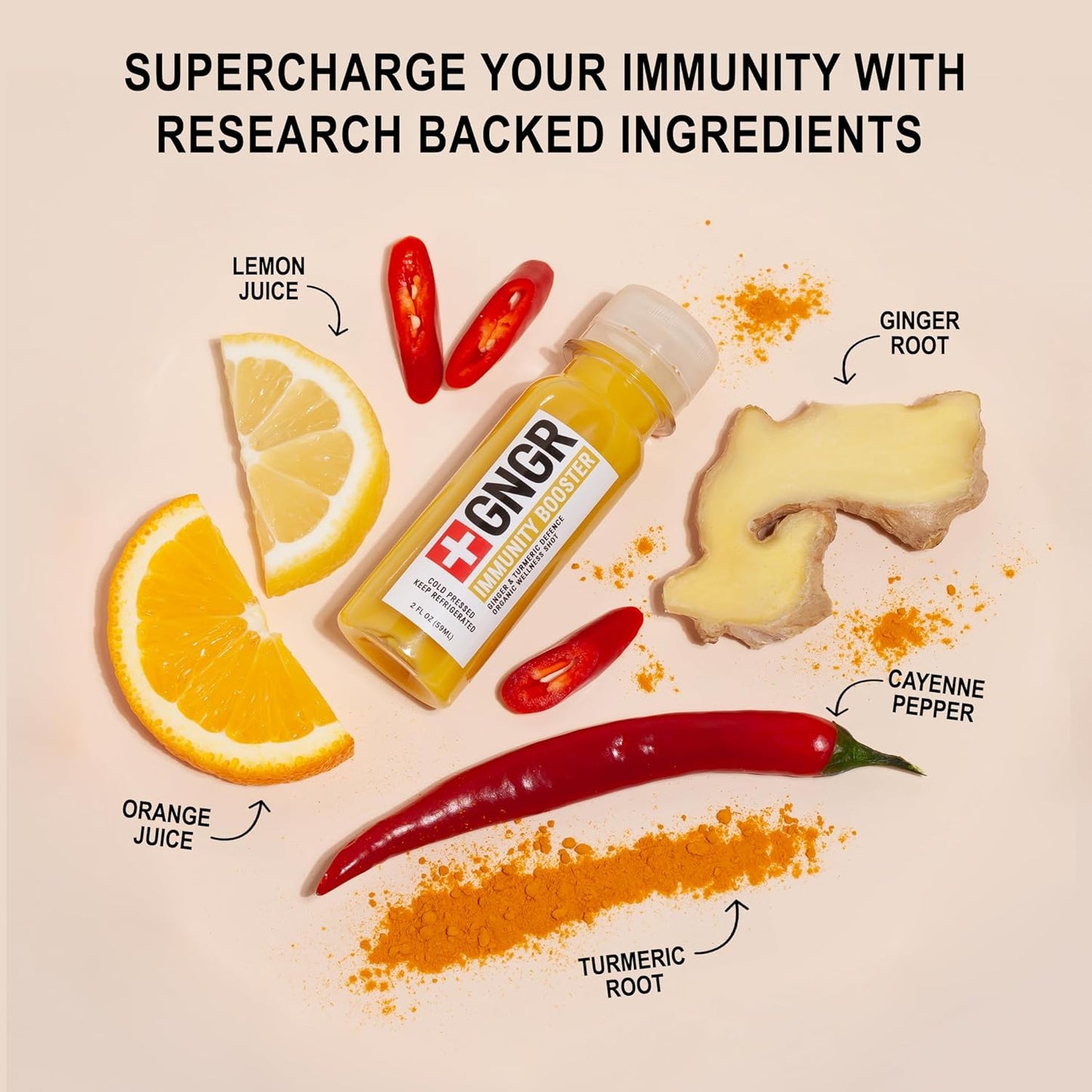 +GNGR Immunity Booster Organic Ginger and Turmeric Shot - Cold Pressed Ginger Shots with Turmeric, Cayenne Pepper, Orange, Lemon for All Natural Immune & Digestive Support (2 Oz, Pack of 12)