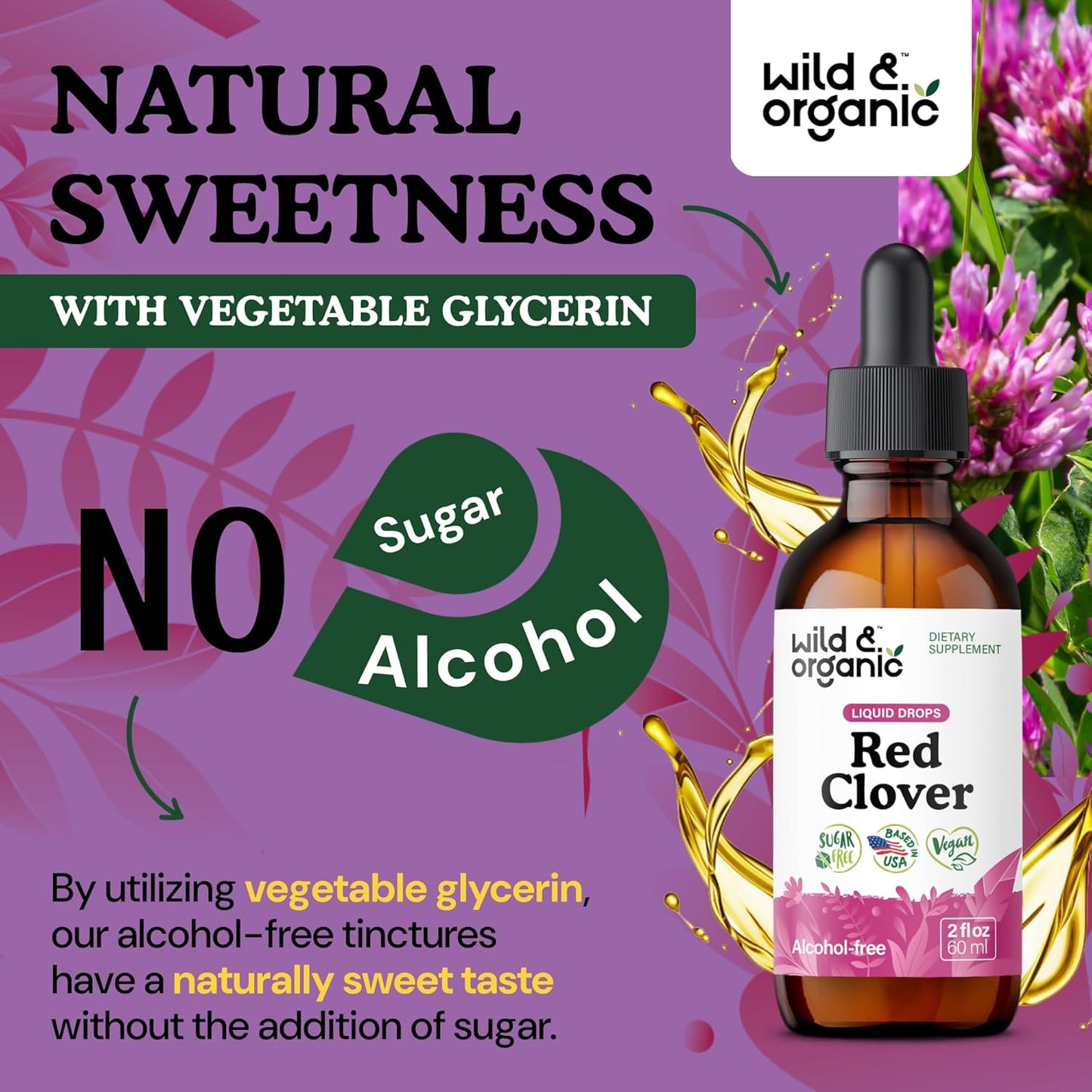 Wild & Organic Red Clover Extract Drops 600 mg - Liquid Red Clover Supplement for Women - 1-Month Supply - Trifolium Pratense Blossom Tincture - Vegan, Sugar & Alcohol-Free - 2 fl oz
