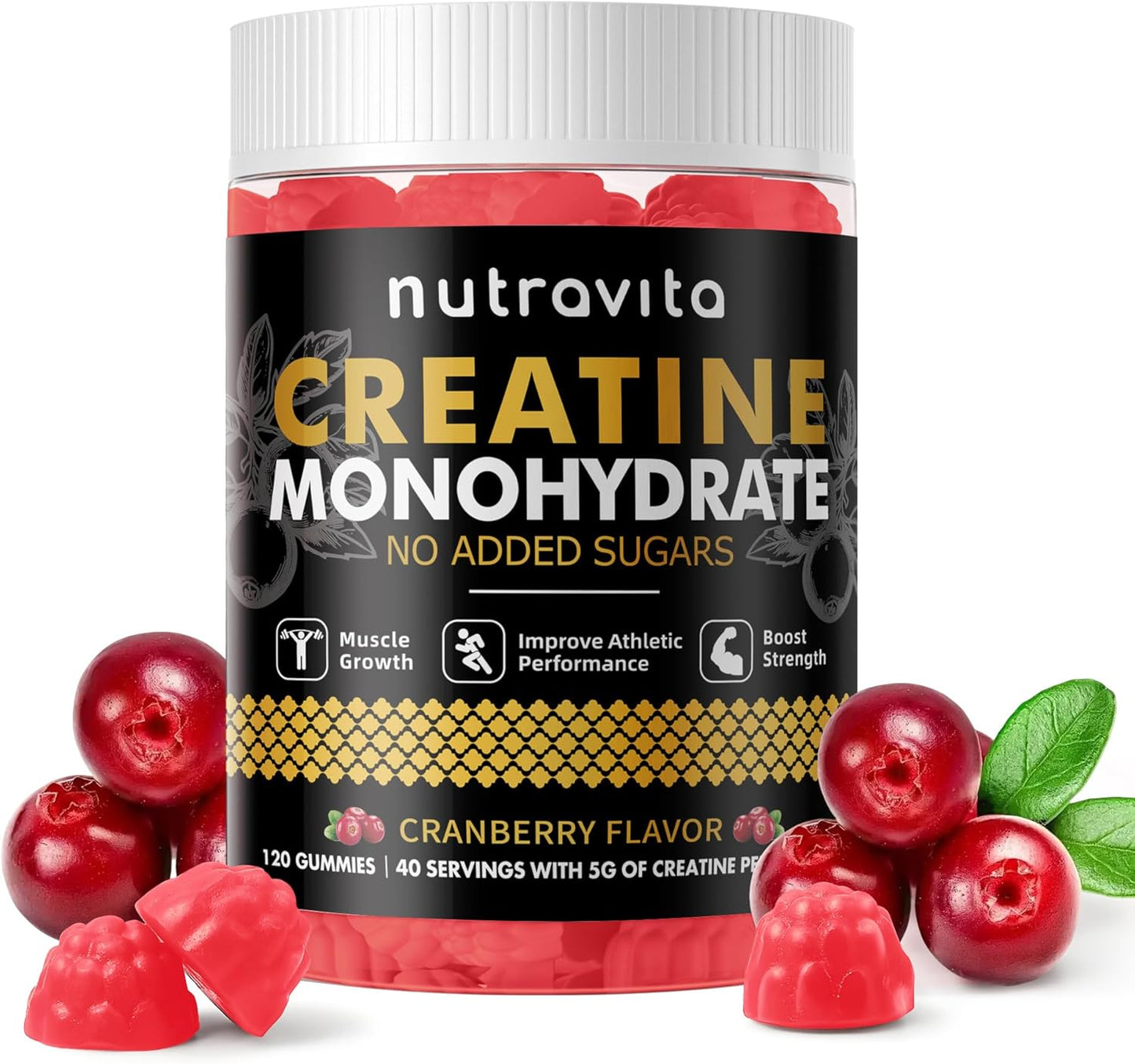 Creatine Monohydrate Gummies for Men & Women-5g of Creatine Monohydrate per Serving - Sugar Free,Vegan, Cranberry Flavor, 120 Count
