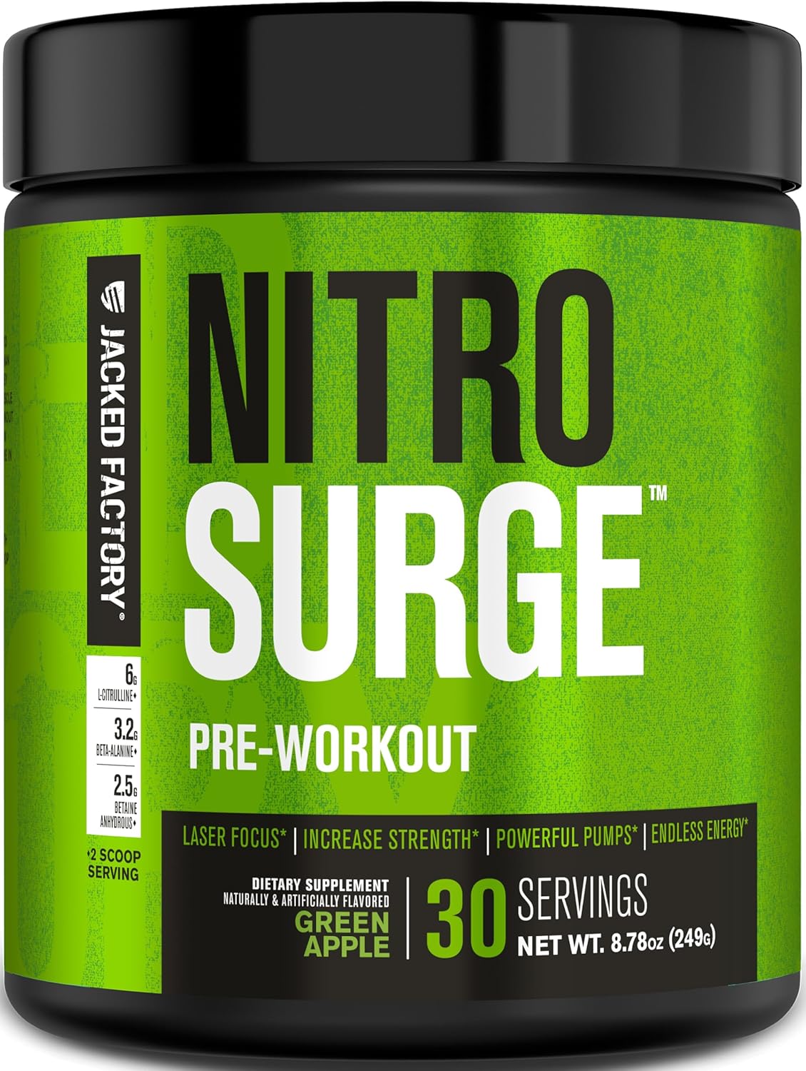Jacked Factory NITROSURGE Pre Workout Supplement - Endless Energy, Instant Strength Gains, Clear Focus, Intense Pumps - NO Booster & Powerful Preworkout Energy Powder - 30 Servings, Green Apple