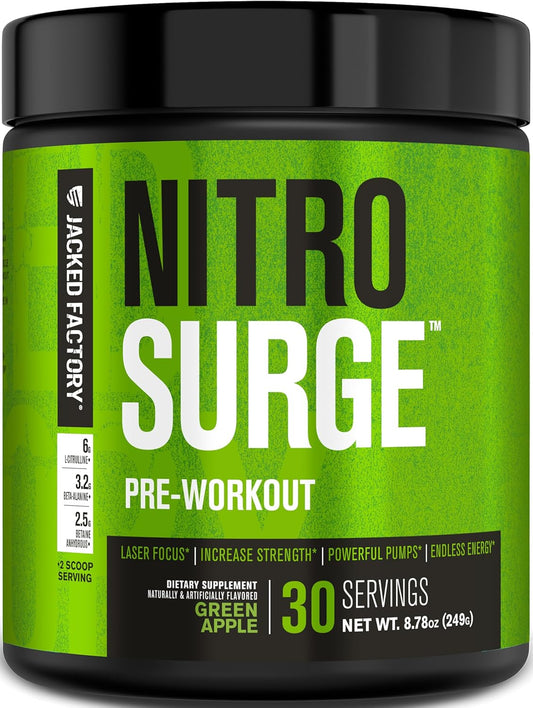 Jacked Factory NITROSURGE Pre Workout Supplement - Endless Energy, Instant Strength Gains, Clear Focus, Intense Pumps - NO Booster & Powerful Preworkout Energy Powder - 30 Servings, Green Apple