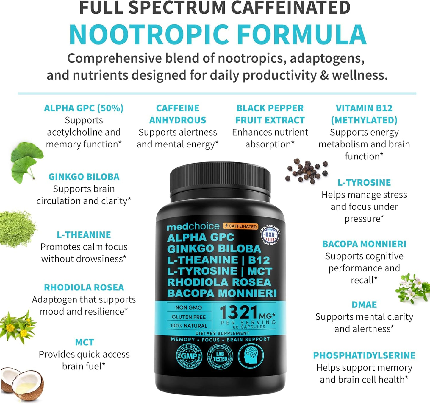 12-in-1 Nootropic Brain Supplement with Caffeine Anhydrous: Ginkgo Biloba for Brain Support, Memory and Focus - B12, Alpha GPC, L Theanine and Choline Supplements with Bioperine with 1321mg (60ct)