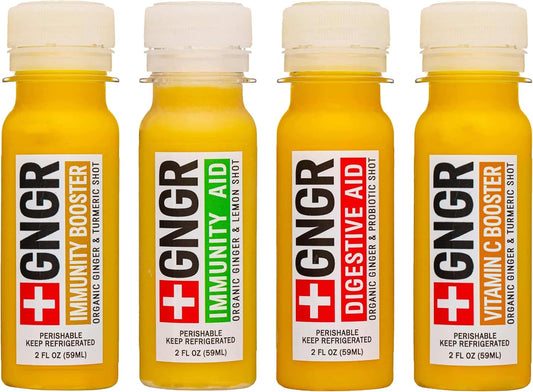 +GNGR 24 Shots Variety Pack of Organic Immunity Boosting Ginger Shots - Cold Pressed Ginger Shots for All Natural Digestive and Immune Support - Nothing Artificial - USDA Organic (2 Fl Oz, 24 Pack)
