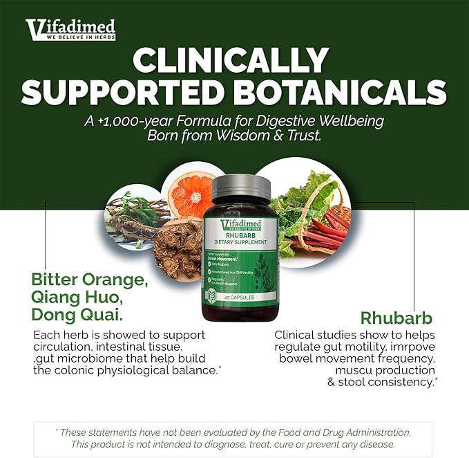 Rhubarb,Gut Motility Assist for Bowel Movement and Regularity,Constipation Relief,Bloating & Gas Relief,Mucus Production Activator,Lining & Microbiome Support, 90 Capsules