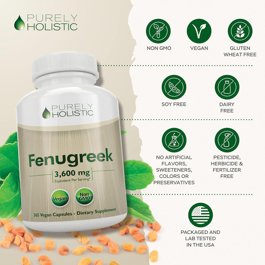 Purely Holistic Fenugreek Capsules 3600mg - 365 Vegan Capsules - Lactation Supplement - from Fenugreek Seeds - Concentrated x10 Extract - Non GMO for Women & Men