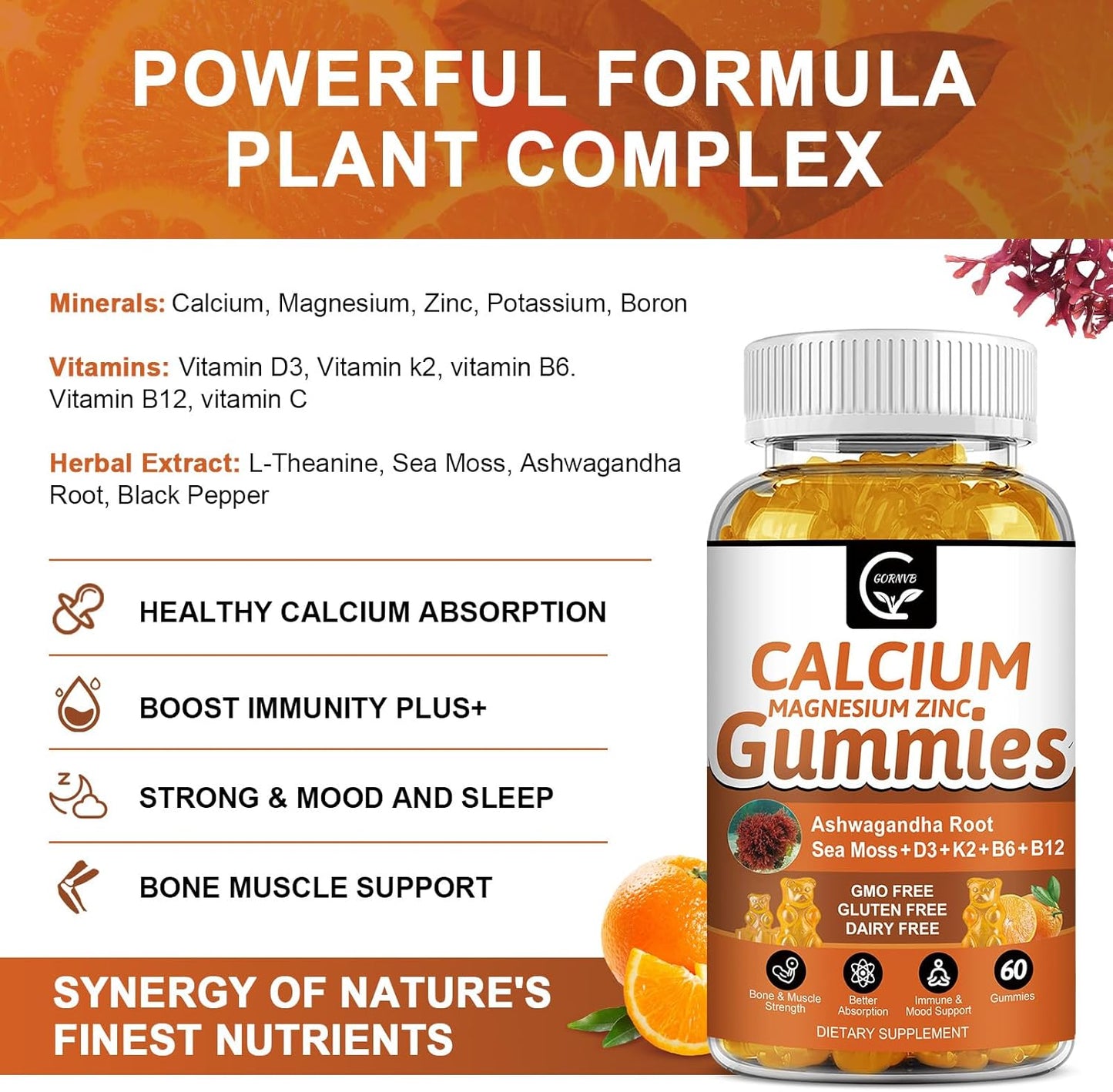 1200mg Calcium Gummies with Vitamin D3,K2,B12 & B6 - Plant Complex Calcium Magnesium Supplement with Glycinate,Potassium,Sea Moss,Ashwagandha Root for Bone & Teeth Strength, Muscle & Immune-2 Pack