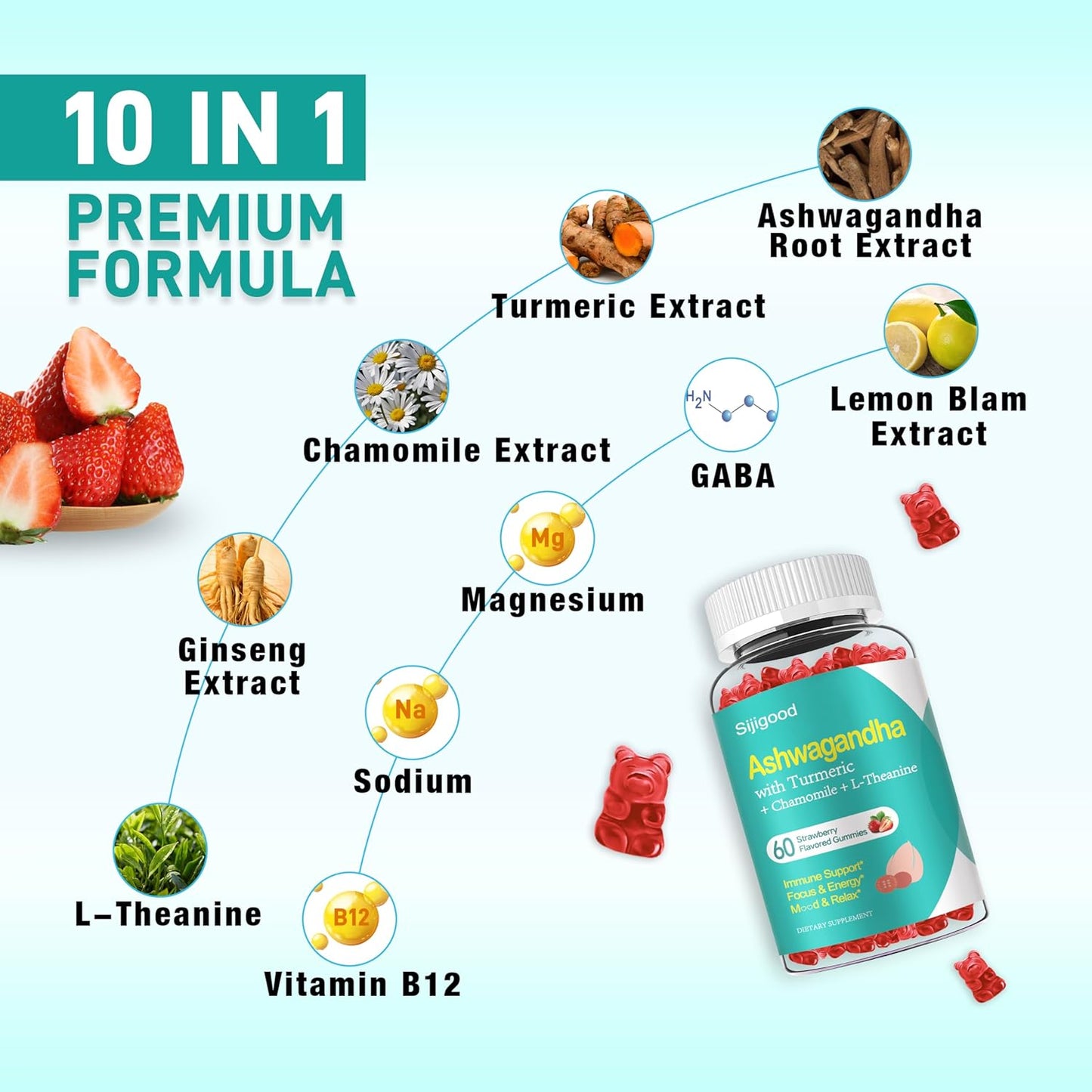 2 Pack Ashwagandha Gummies with L-theanine, Ashwa Root Supplement Gummy for Women Men, 120 Strawberry Flavored Gummies