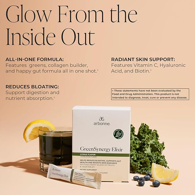 Arbonne GreenSynergy Elixir – Citrus-Flavored Greens Powder with 13 Digestive Enzymes, Vegan Collagen Builder, Probiotics, and Prebiotics – Supports Gut Health and Digestion – 30 Stick Packs
