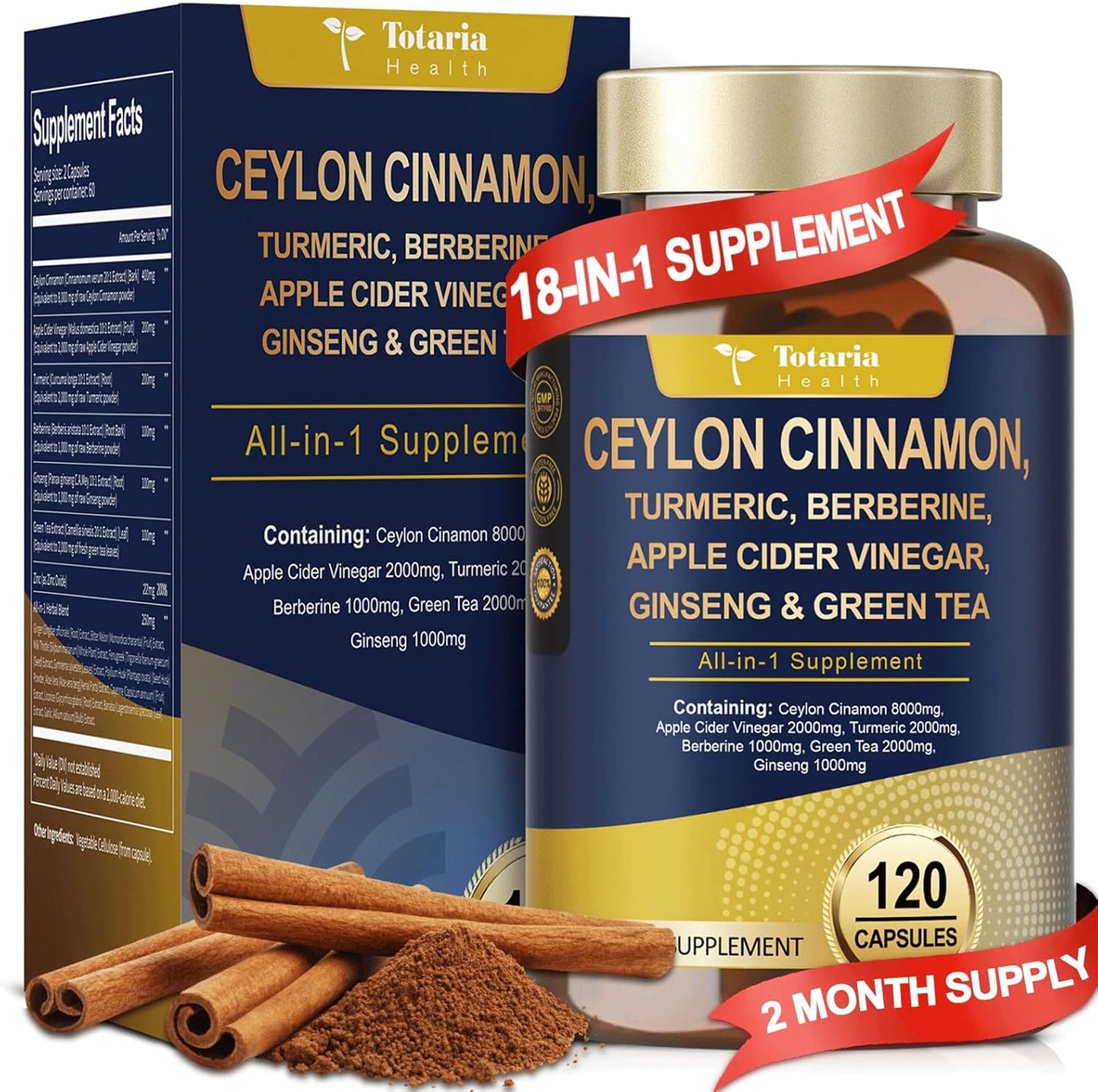 18-in-1 Organic Ceylon Cinnamon Capsules with Berberine, Ceylon Cinnamon Supplement w/Apple Cider Vinegar Turmeric Bitter Melon Milk Thistle, for Metabolism, Energy, Heart*, 120 Counts