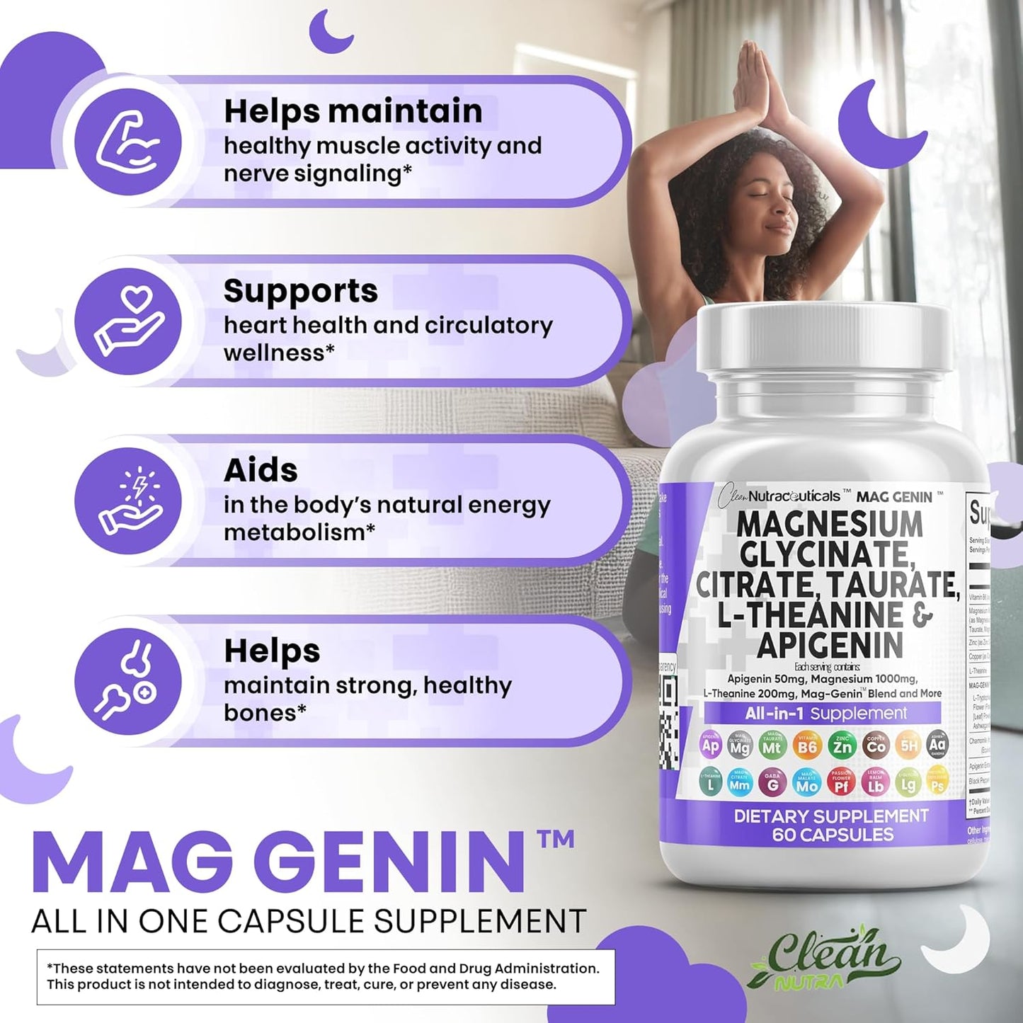 Clean Nutraceuticals Magnesium Glycinate Complex 1000mg with L-Theanine 200mg Apigenin 50mg Citrate Taurate Supplement - 5-HTP GABA Passion Flower Lemon Balm L-Glycine Phosphatidylserine - 60 Count